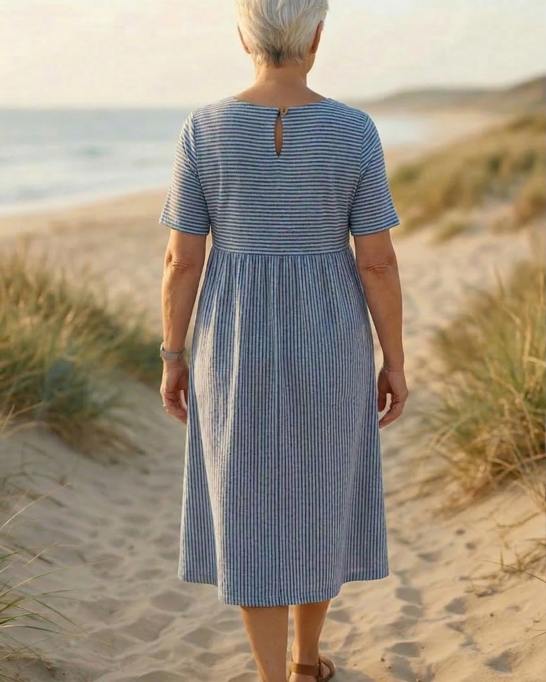 Brienne | Women's Striped A-Line Midi Dress, Three-Quarter Sleeve Casual Dress