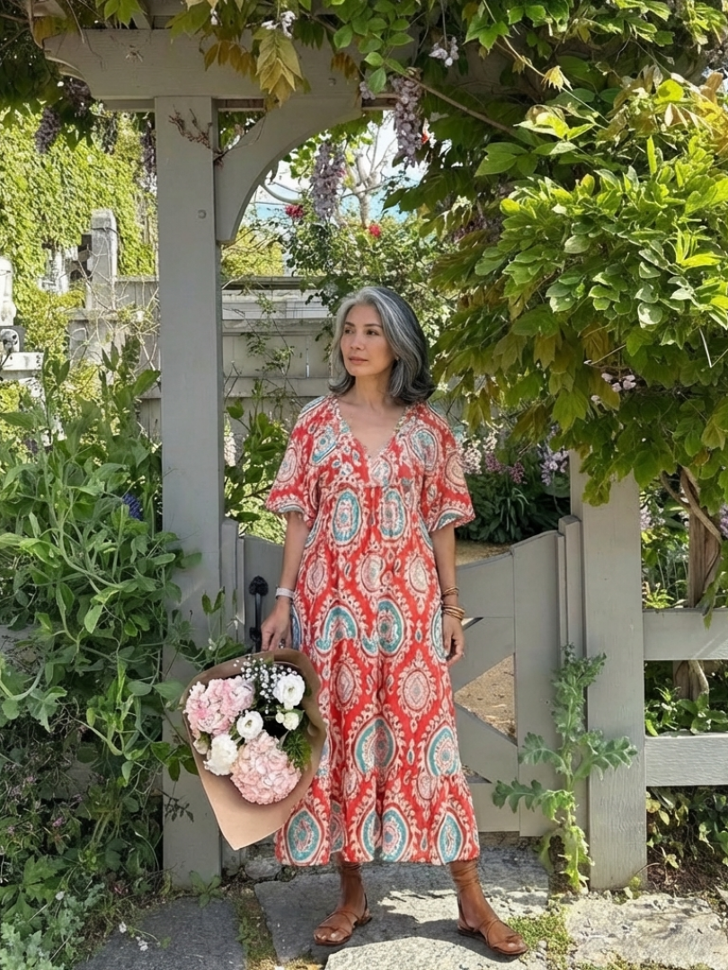 Zaria | Women's Paisley Print Midi Dress, V-Neck Short Sleeve Casual Dress