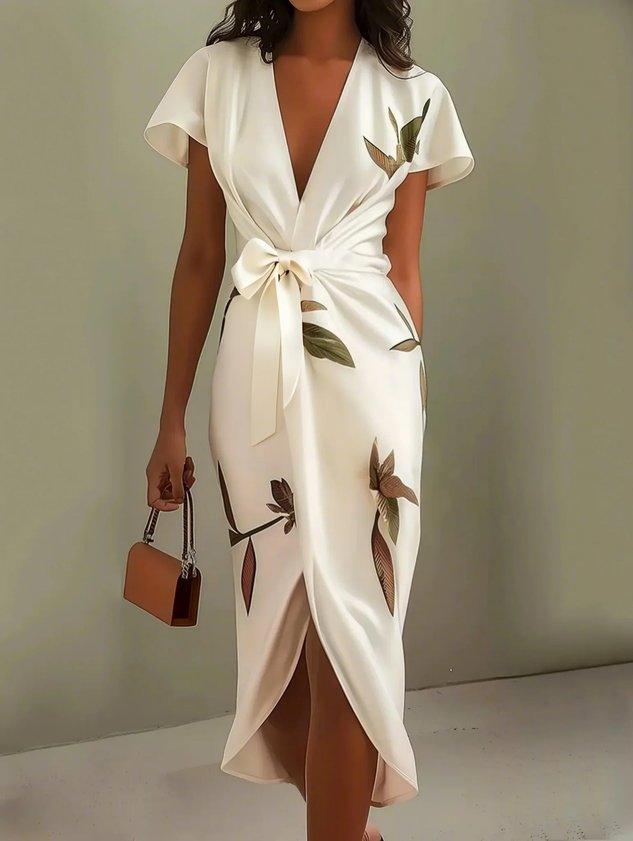 Brenna | Women's Wrap Midi Dress, V-Neck Flutter Sleeve Dress for Vacation