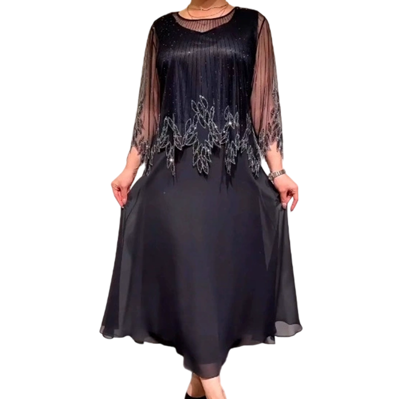 Women's Embellished Midi Dress, Sheer Sleeve Flowy Casual Dress