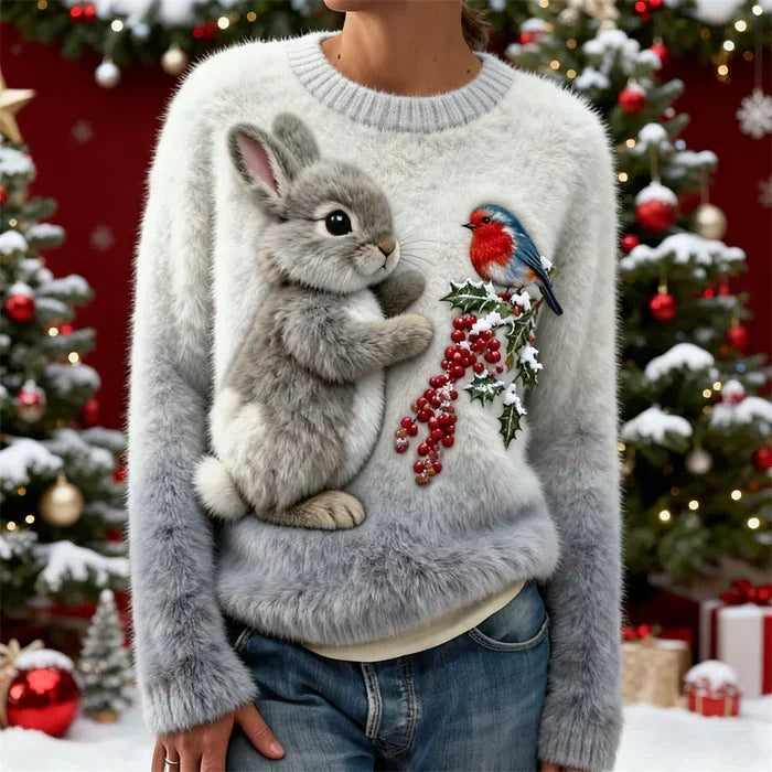 Janelli | Women's Bunny Print Sweater, Soft Plush Festive Winter Knit Sweater