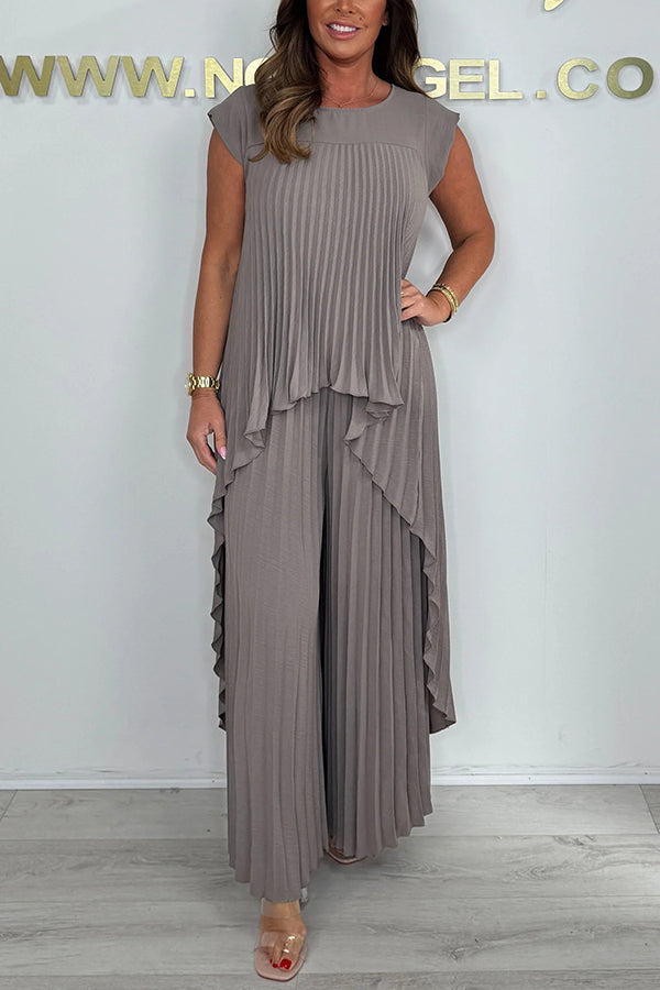 Sherry | Women's Pleated Two-Piece Set, Midi Top and Wide-Leg Pants Outfit