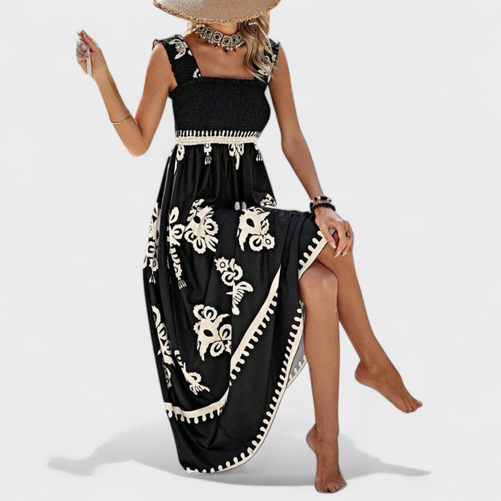 Liora | Women's Smocked Bodice Maxi Dress, Boho Print Square Neck Dress