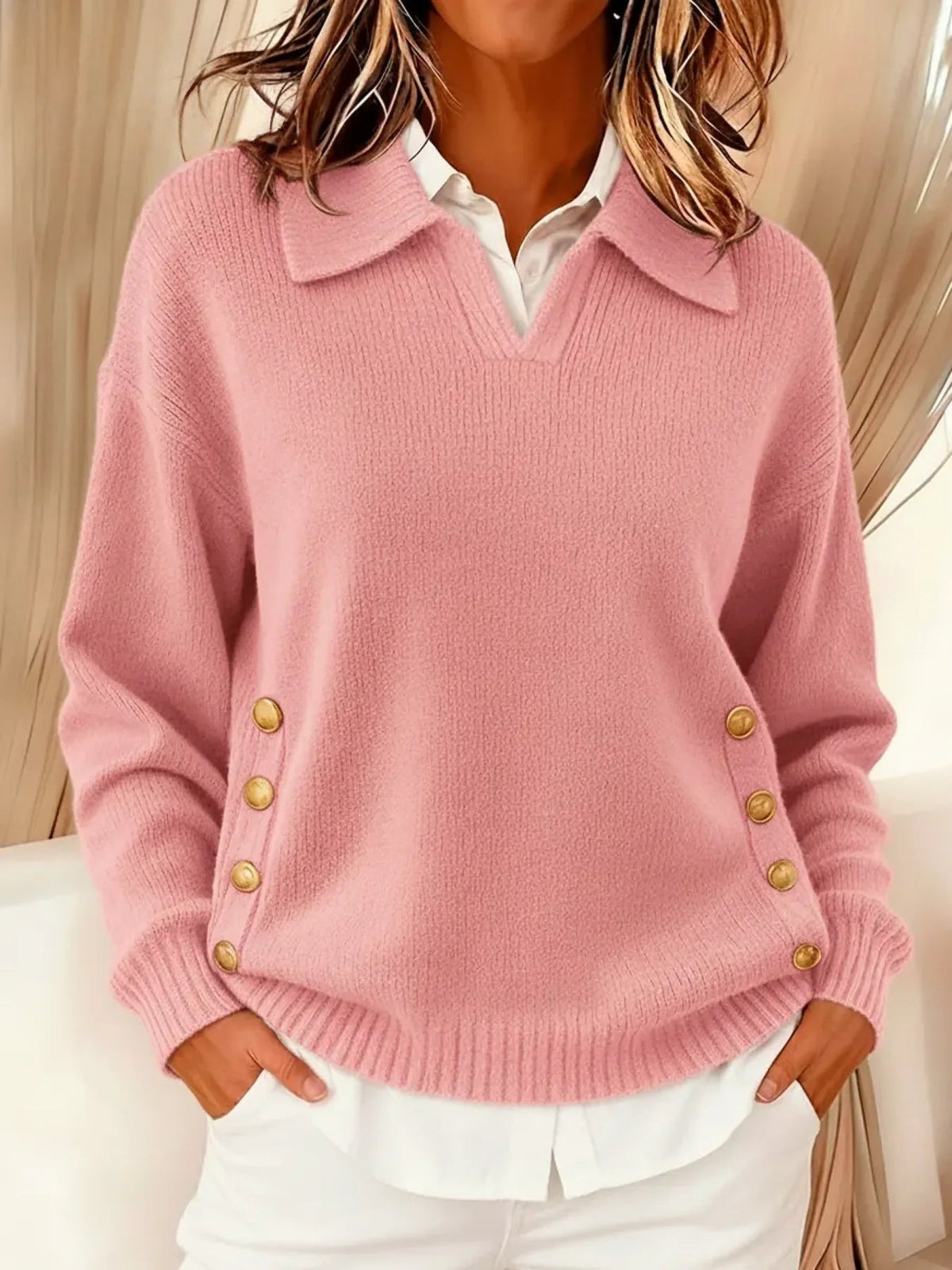Lorayne | Women's Pink Collared Knit Sweater, Side Button Detail Winter Sweater