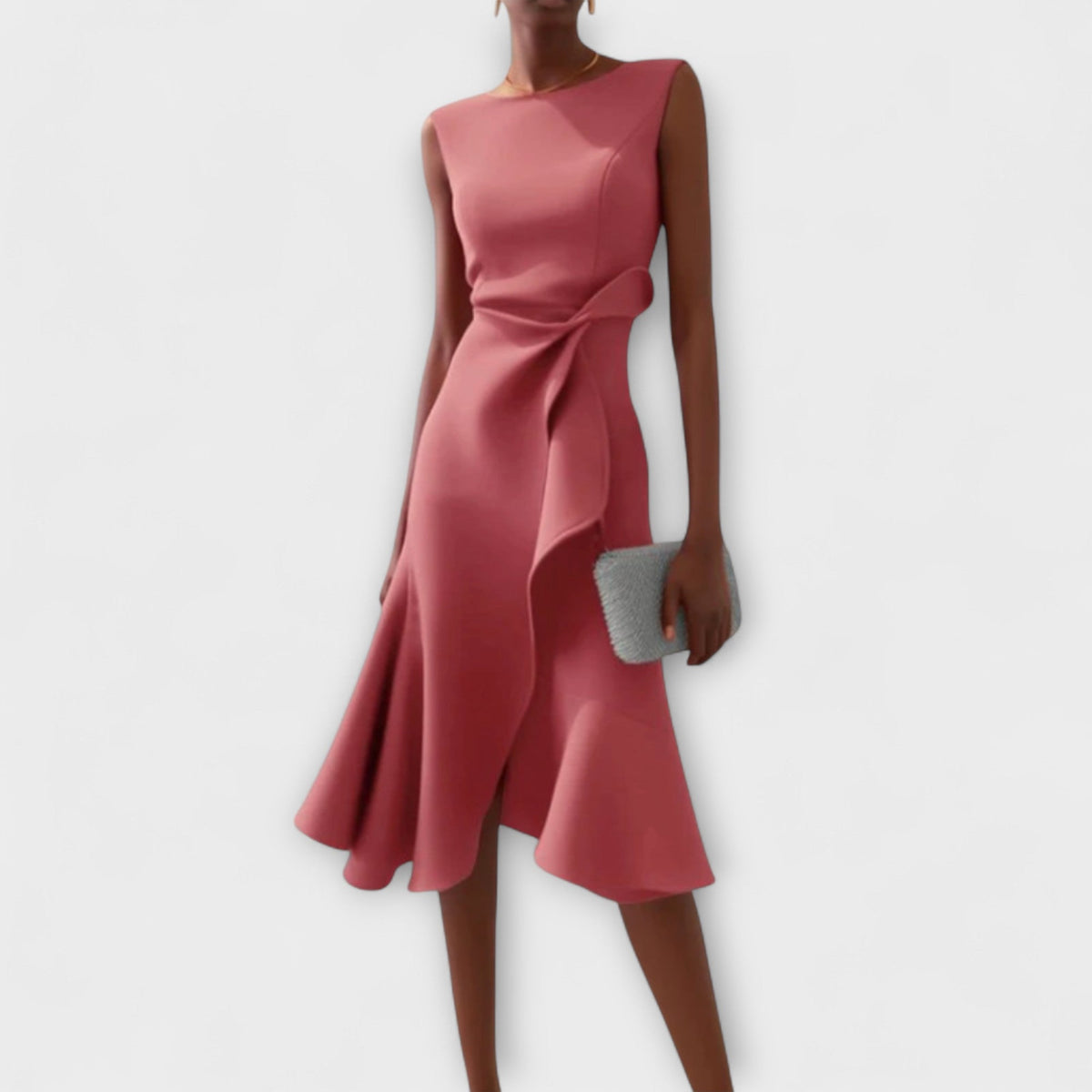 Darlene | Women's Sleeveless Asymmetric Midi Dress, Draped Wedding Guest Dress