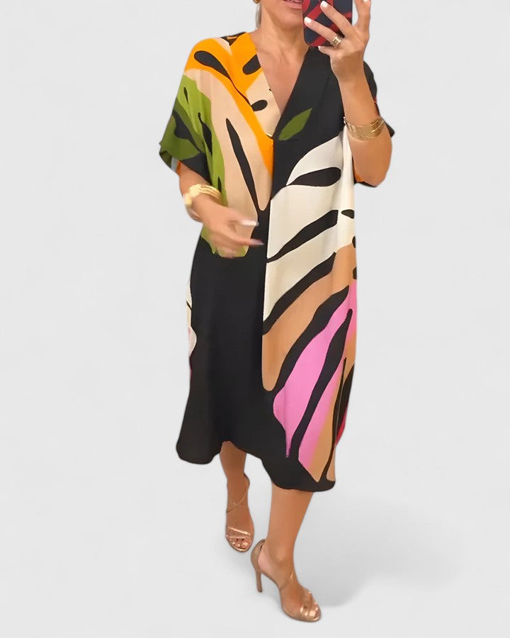 Cymarie | Women's Leaf Print Midi Dress, Loose Fit Breathable Summer Dress