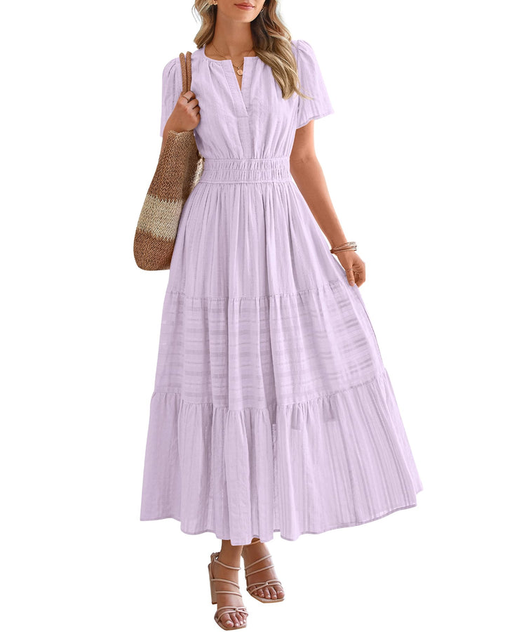 Women's Lightweight V-Neck Elastic Waist Midi Dress