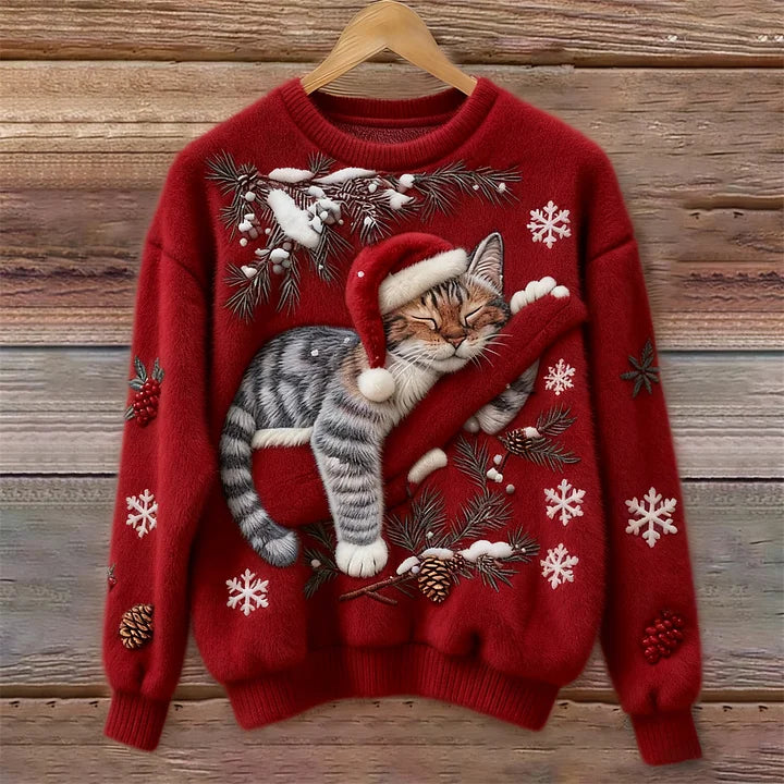 Olivia | Women's Plush Cat Christmas Sweater, Cozy Festive Winter Knit Sweater