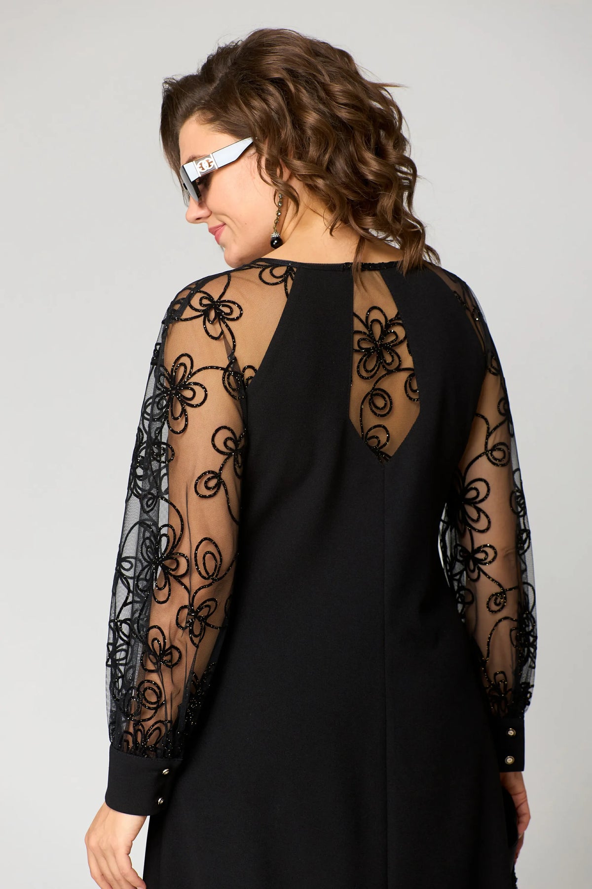 Edris | Women's Embroidered Mesh Sleeve A-Line Dress, Floral Round Neck Occasion Dress
