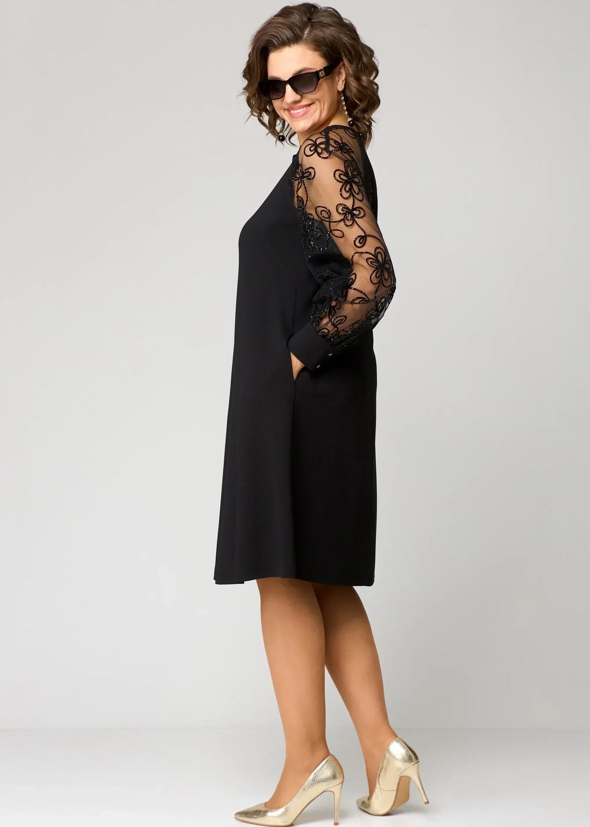 Edris | Women's Embroidered Mesh Sleeve A-Line Dress, Floral Round Neck Occasion Dress