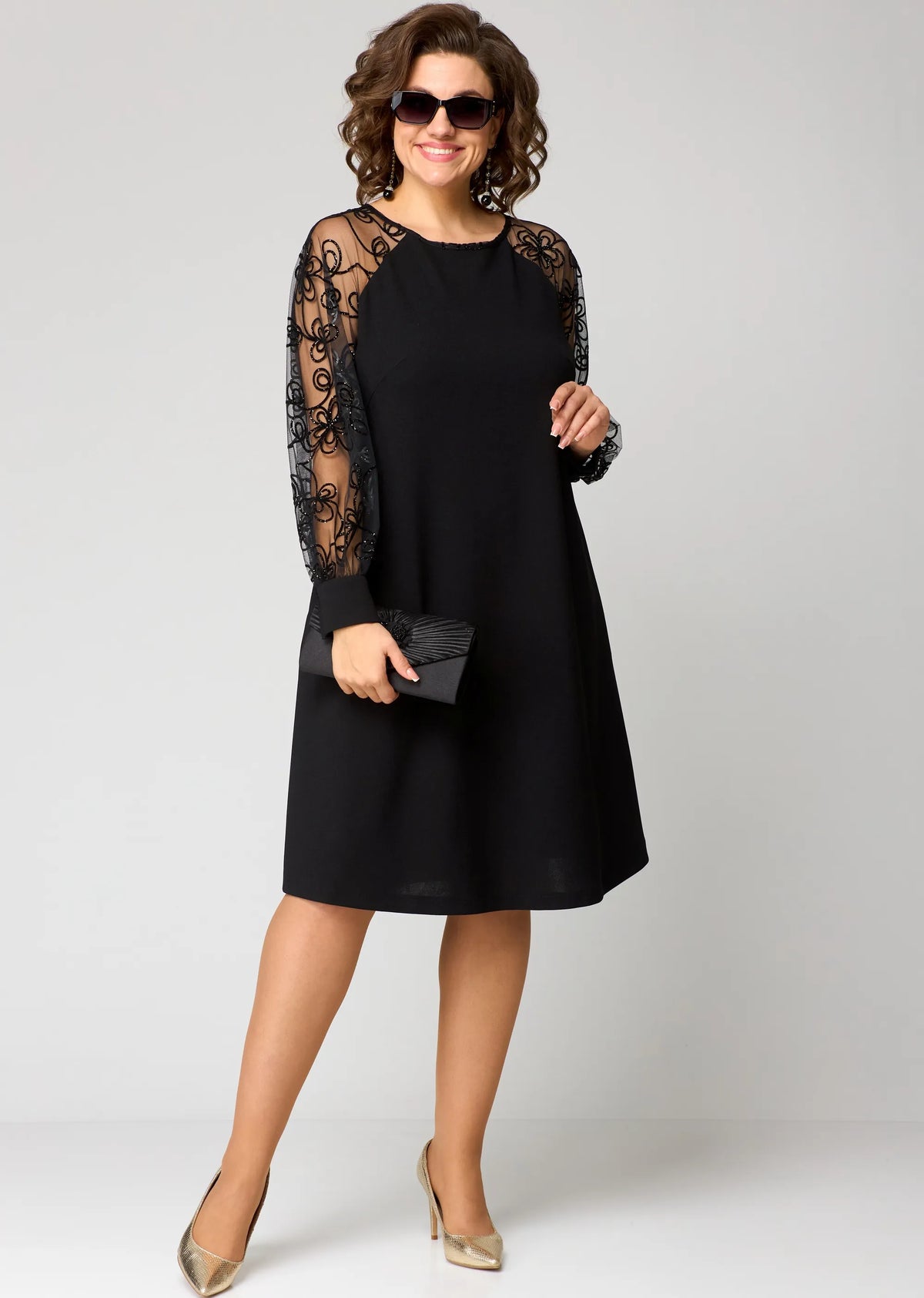 Edris | Women's Embroidered Mesh Sleeve A-Line Dress, Floral Round Neck Occasion Dress