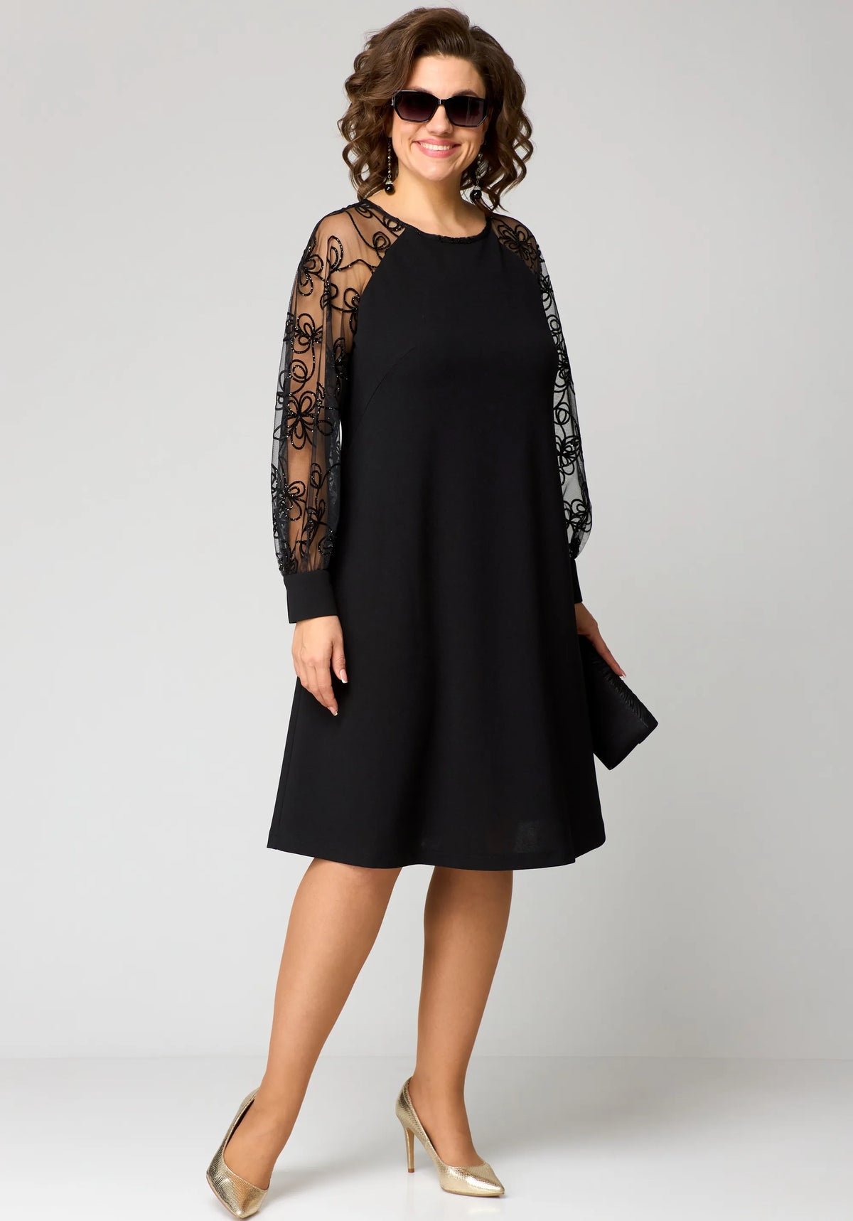 Edris | Women's Embroidered Mesh Sleeve A-Line Dress, Floral Round Neck Occasion Dress