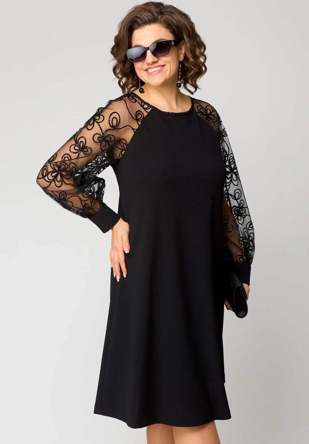 Edris | Women's Embroidered Mesh Sleeve A-Line Dress, Floral Round Neck Occasion Dress