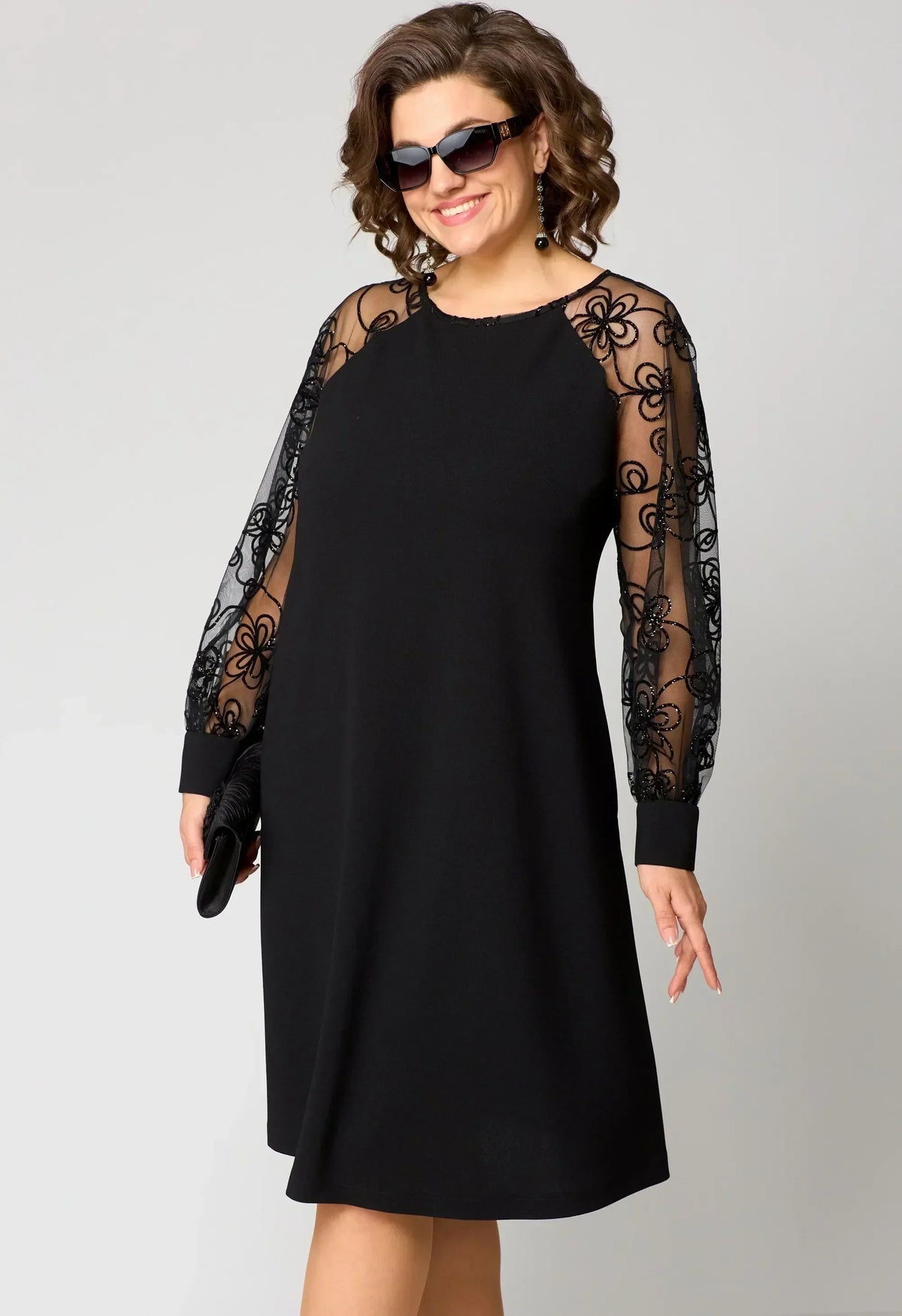 Edris | Women's Embroidered Mesh Sleeve A-Line Dress, Floral Round Neck Occasion Dress