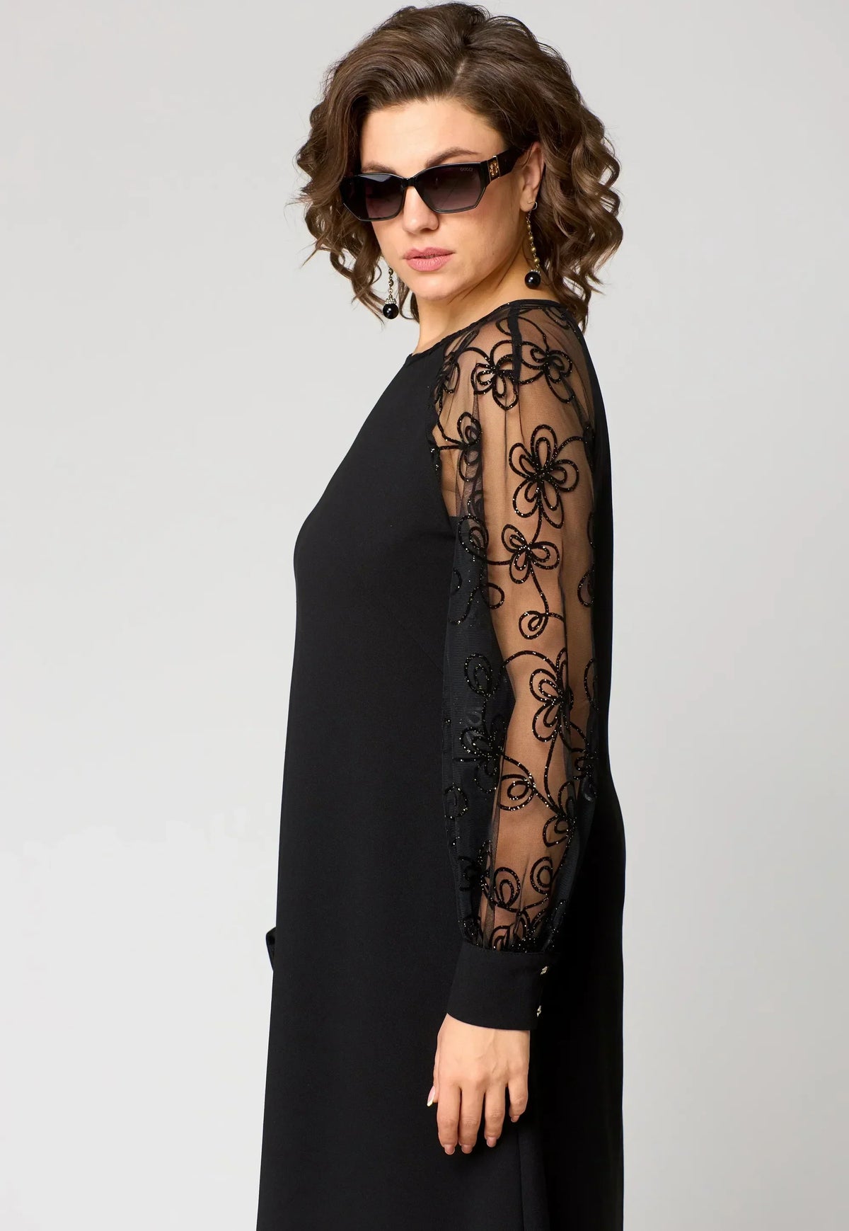 Edris | Women's Embroidered Mesh Sleeve A-Line Dress, Floral Round Neck Occasion Dress