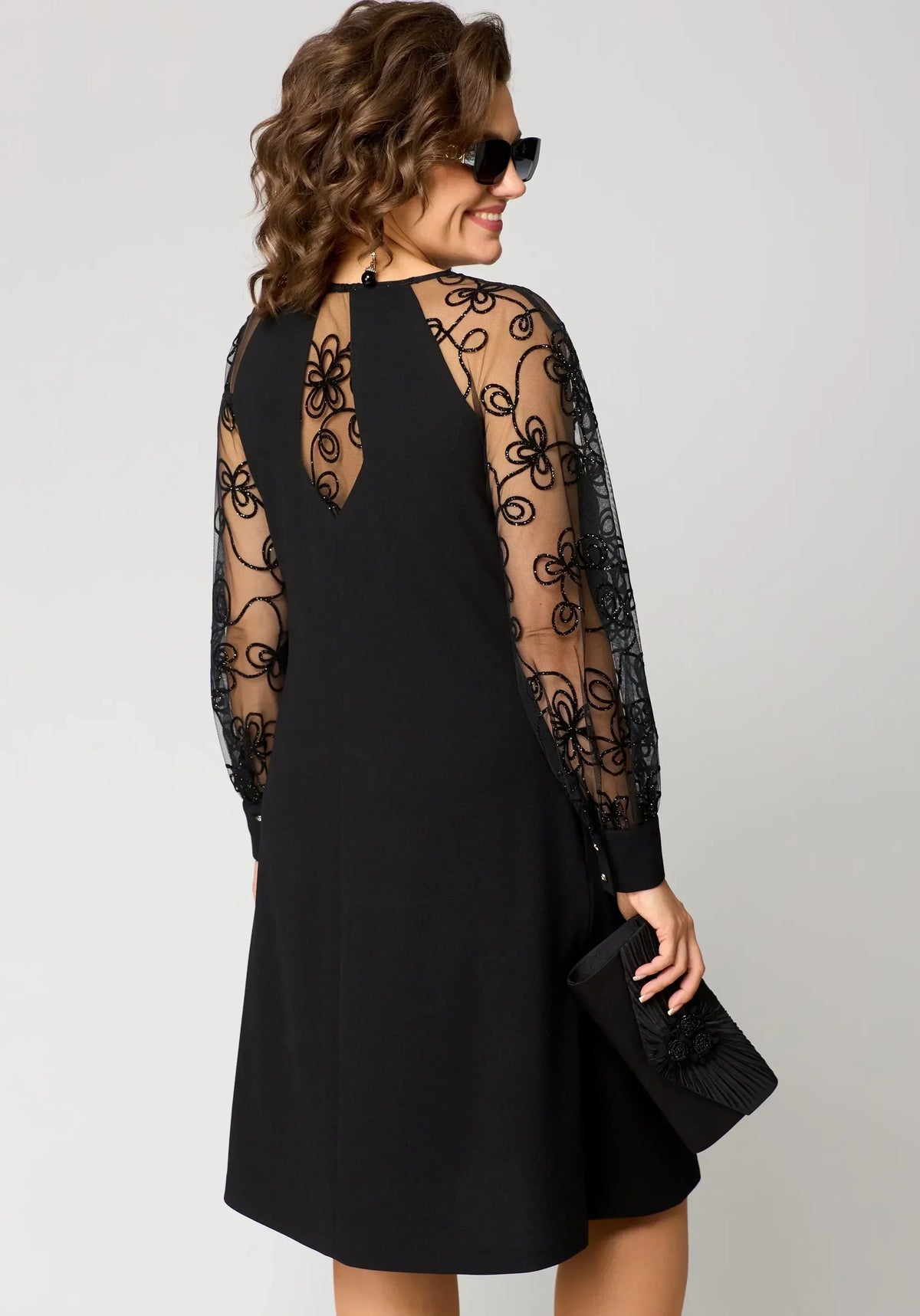Edris | Women's Embroidered Mesh Sleeve A-Line Dress, Floral Round Neck Occasion Dress