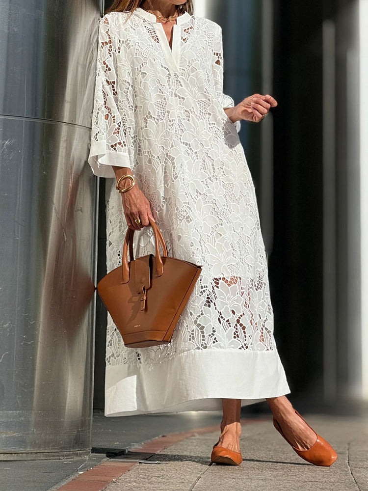 Isabelle | Women's All-Over Lace Midi Dress, Three-Quarter Sleeve Occasion Dress