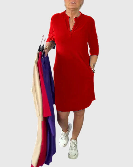 Katherine | Women's Solid V-Neck Mini Dress, Stretchy Everyday Work Dress