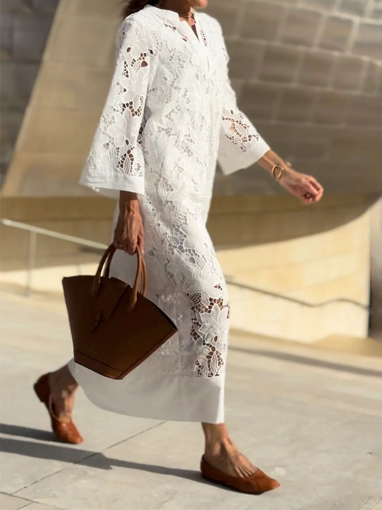 Isabelle | Women's All-Over Lace Midi Dress, Three-Quarter Sleeve Occasion Dress