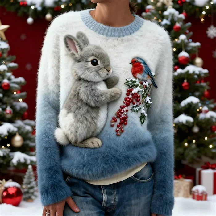 Janelli | Women's Bunny Print Sweater, Soft Plush Festive Winter Knit Sweater
