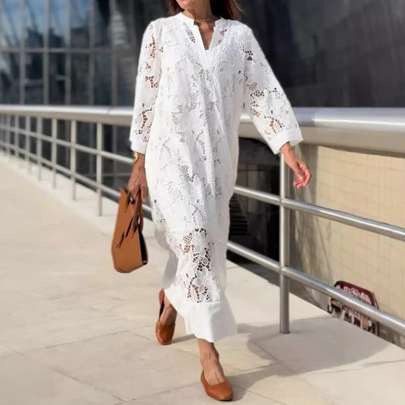 Isabelle | Women's All-Over Lace Midi Dress, Three-Quarter Sleeve Occasion Dress
