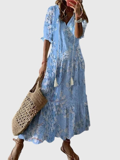 Amalia | Women's Boho Vintage Summer Dress, V-Neck Lightweight Dress for Hot Days
