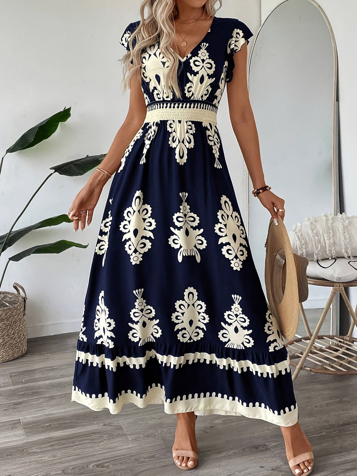 Alessia | Women's A-Line Maxi Dress, Shirred Waist V-Neck Summer Dress