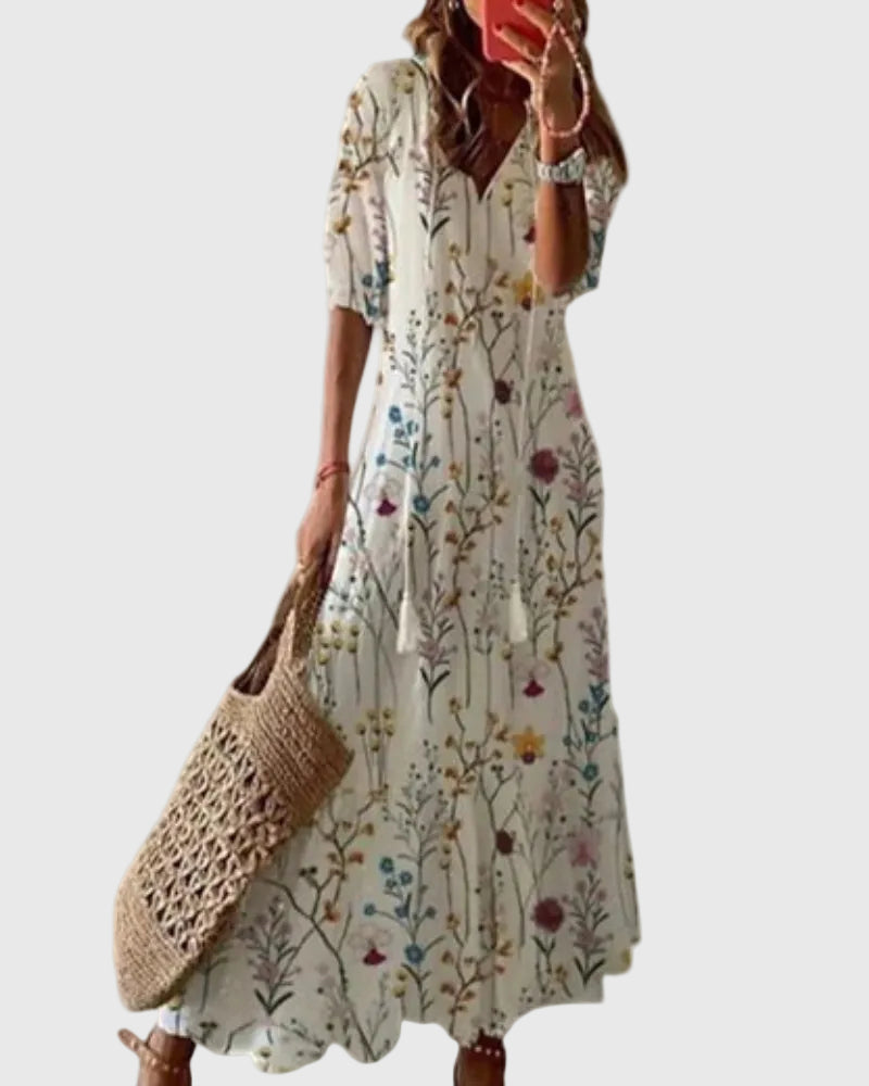 Amalia | Women's Bohemian V-Neck Maxi Dress, Lightweight Vintage Summer Dress