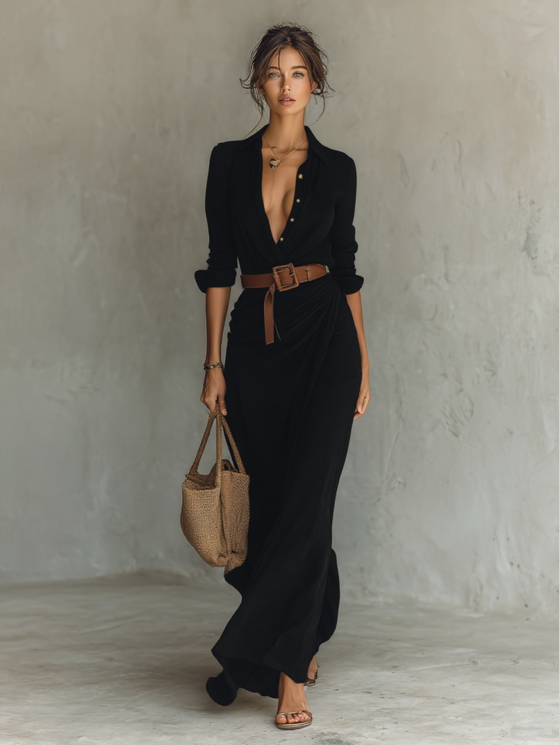 Women's Cotton Tencel Blend Maxi Dress, Long Sleeve Belted Lapel Dress for Work and Events