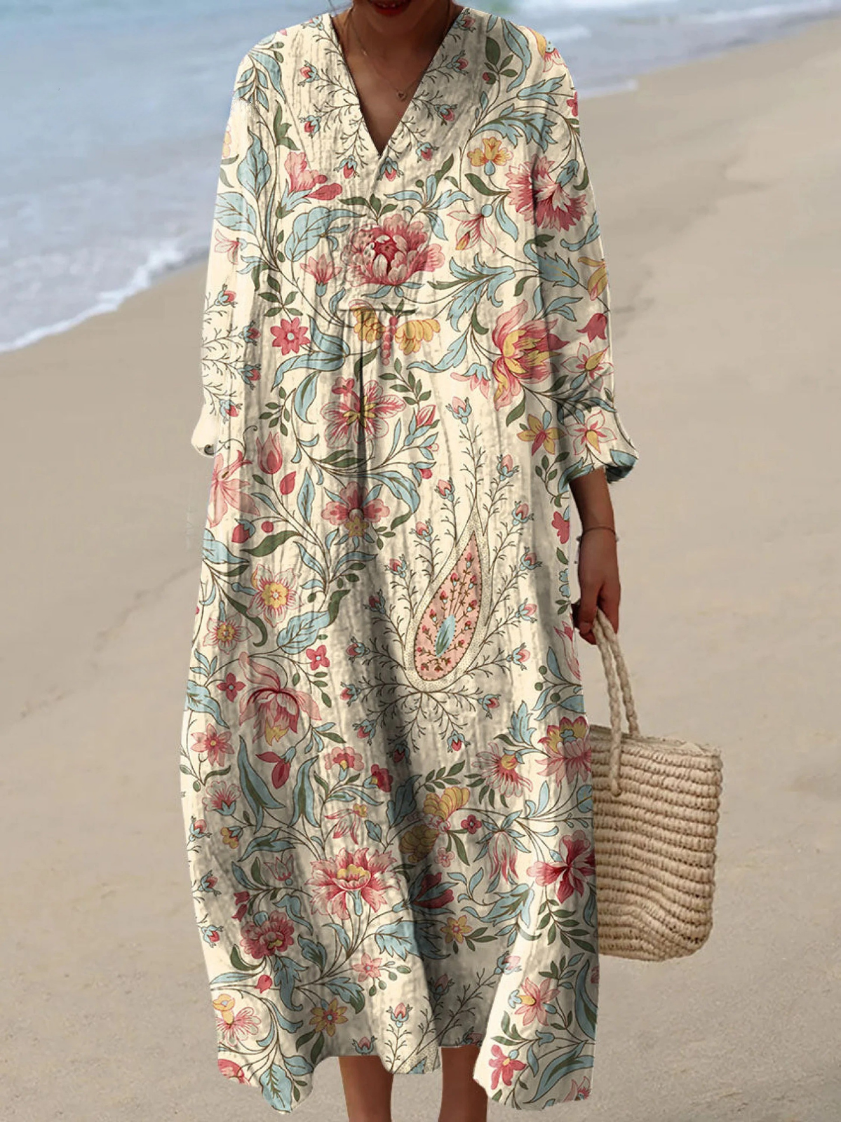 Women's Vintage Floral Print Cotton Dress, Long Sleeve Spring Dress for Everyday Wear