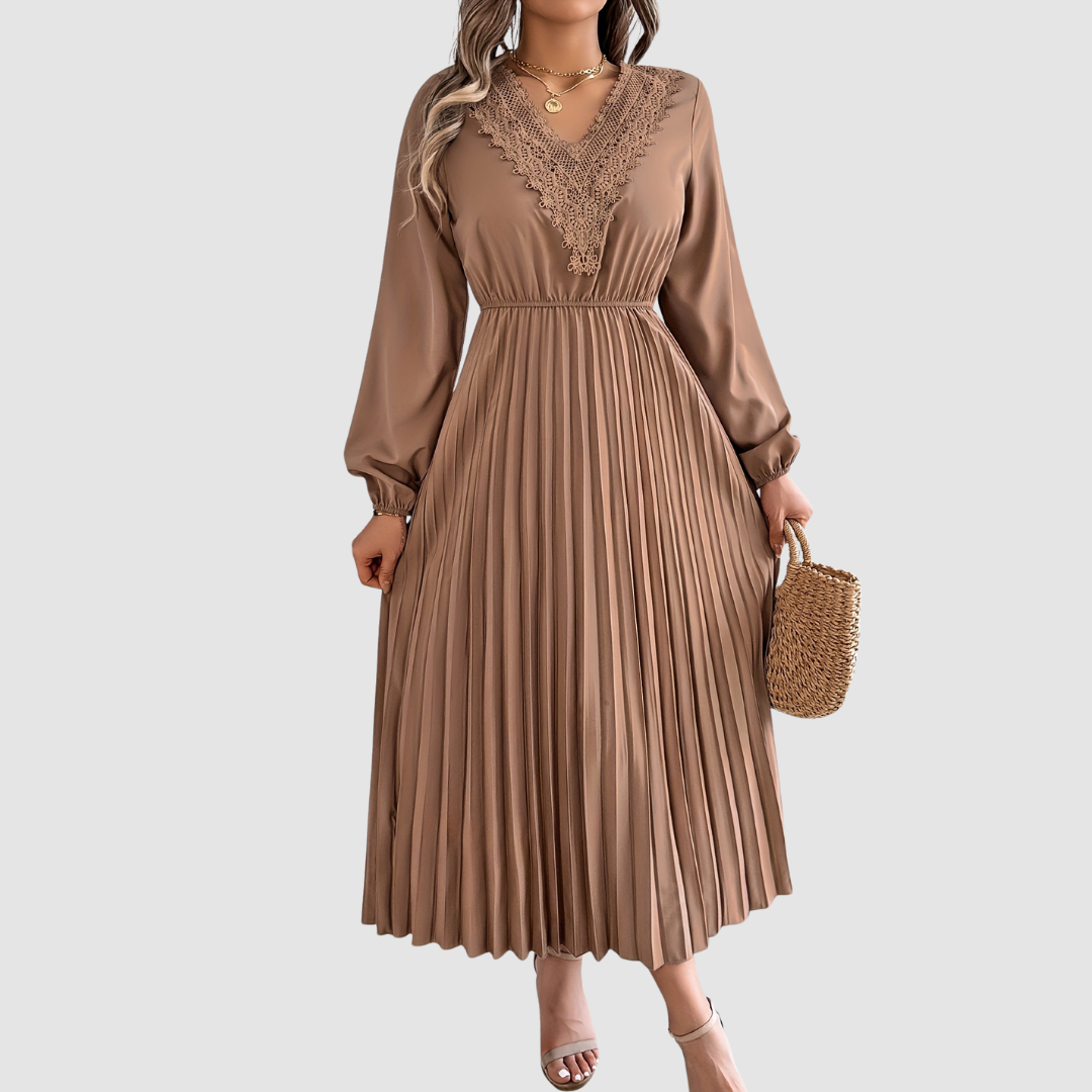 Rosalind Quinn | Women's Lace Trim V-Neck A-Line Dress, Long Sleeve Fall Dress