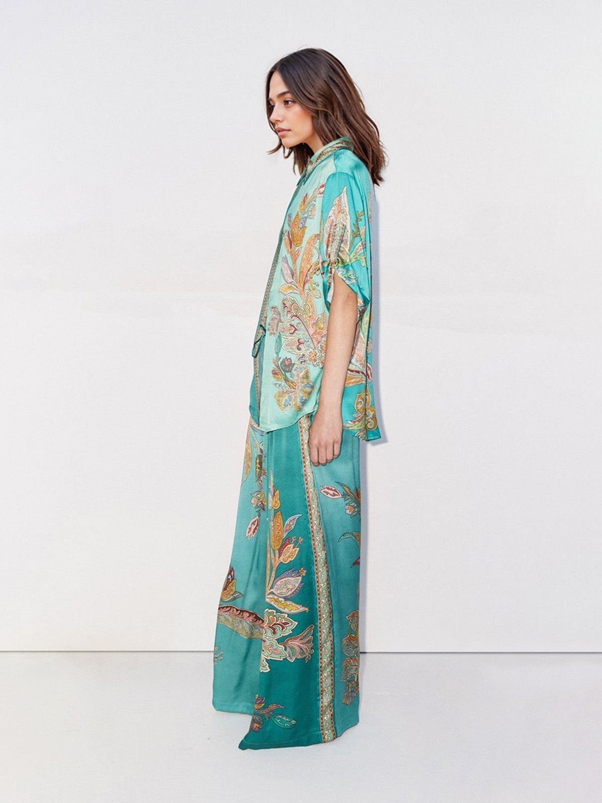Eliza | Women's Paisley Print Two-Piece Set, Oversized Shirt and Wide-Leg Pants Outfit