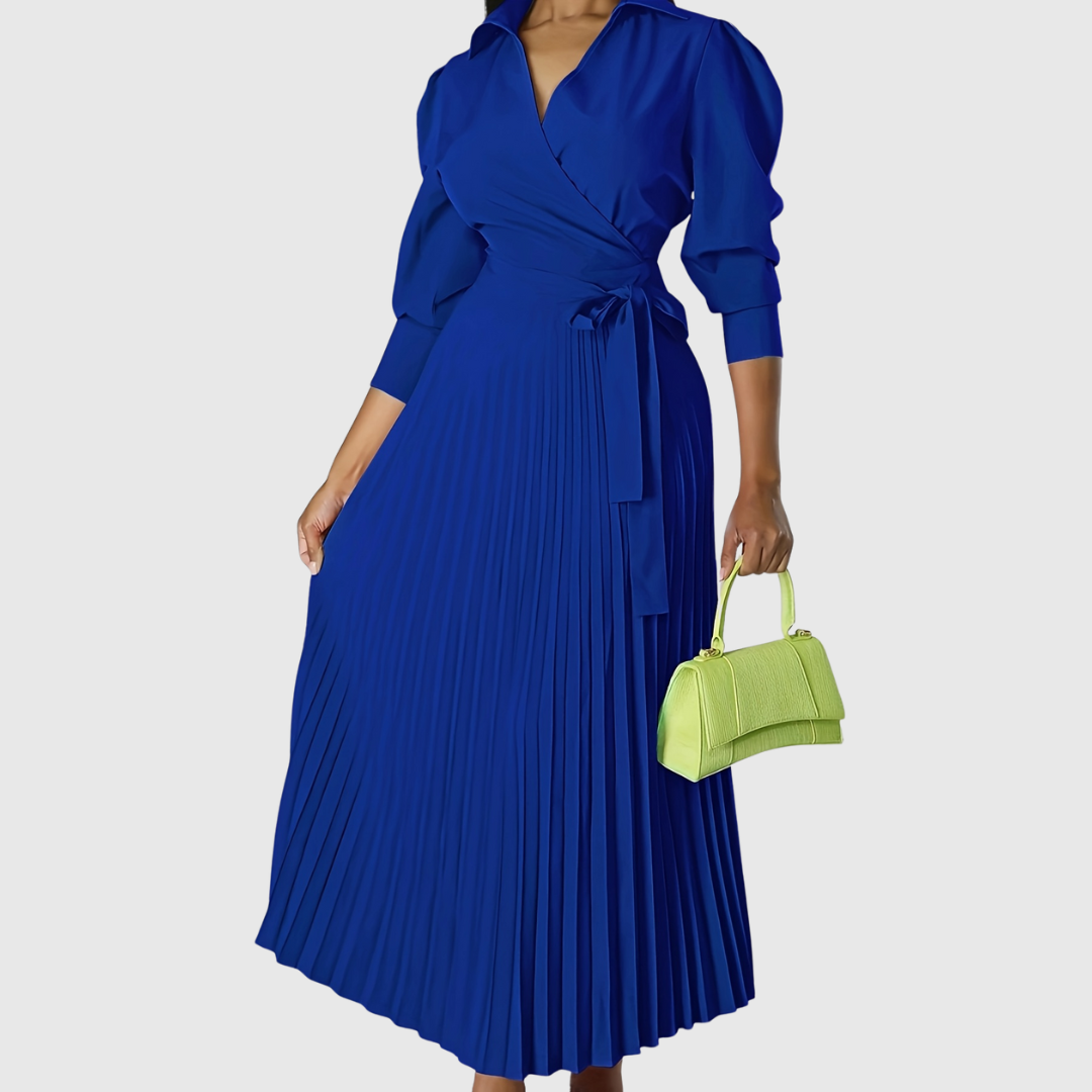 Evelina | Women's Pleated Wrap Midi Dress, Three-Quarter Sleeve Belted Dress