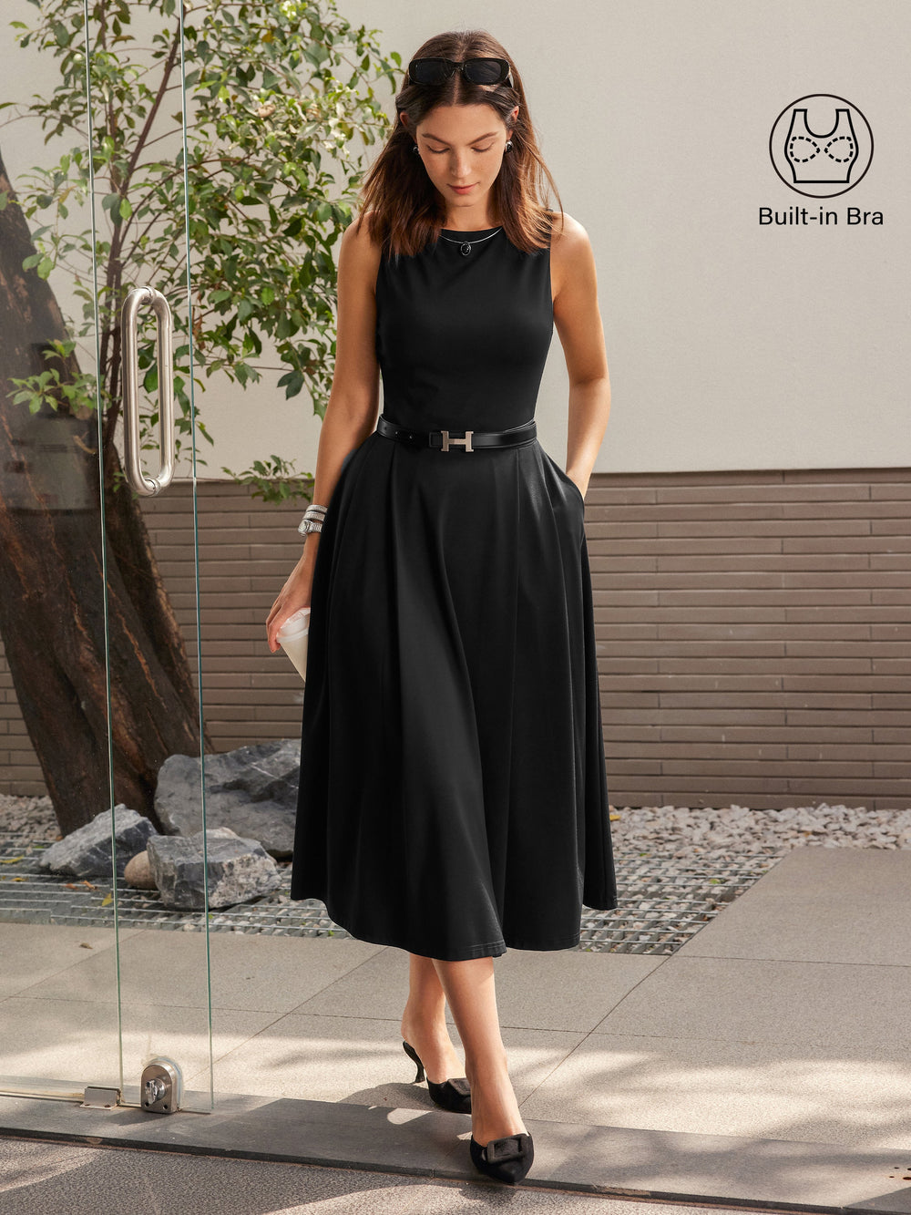 Women's Linen Collared V-Neck Midi Dress with Drawstring