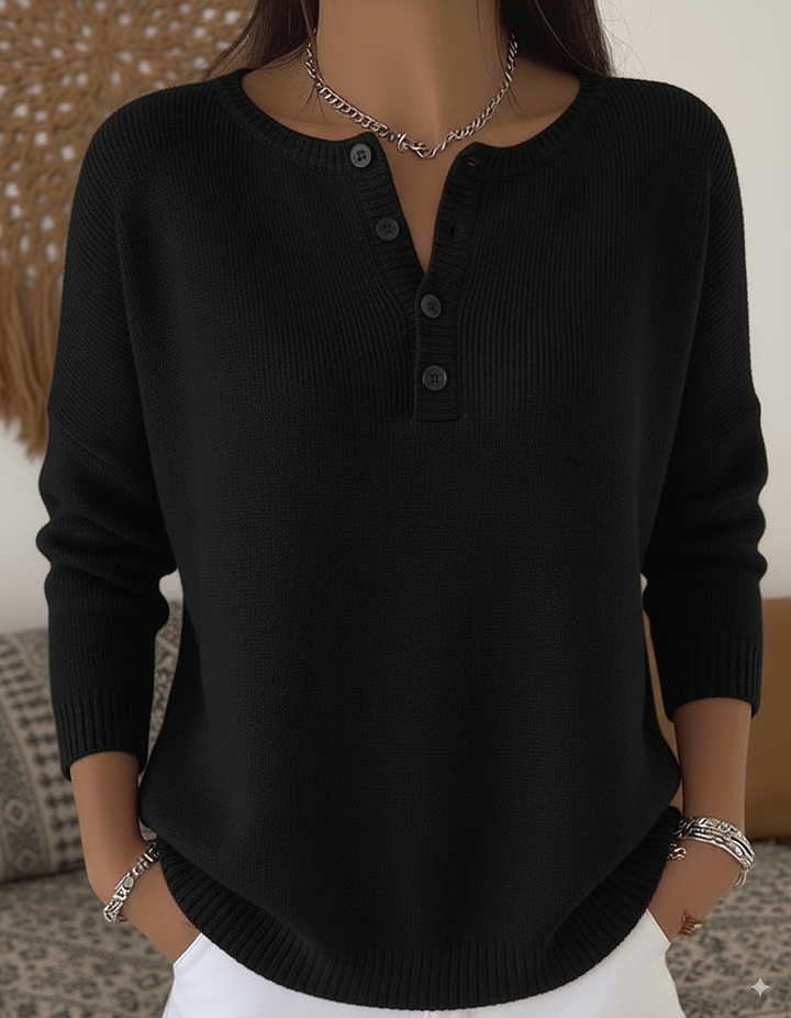 Sara | Women's Henley Button Sweater, Relaxed Fit Soft Knit Everyday Sweater