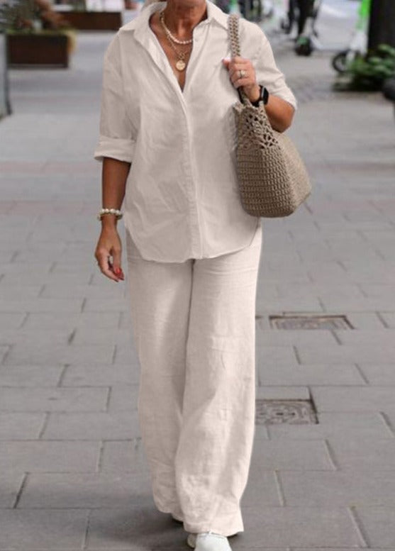 Denice | Women's Casual Two-Piece Set, Button-Up Top and Wide-Leg Trousers Outfit