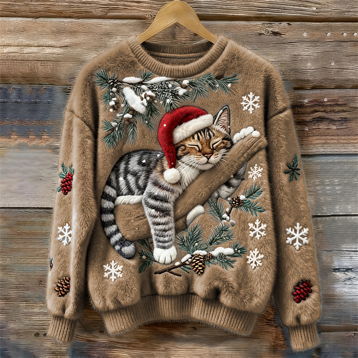 Olivia | Women's Plush Cat Christmas Sweater, Cozy Festive Winter Knit Sweater