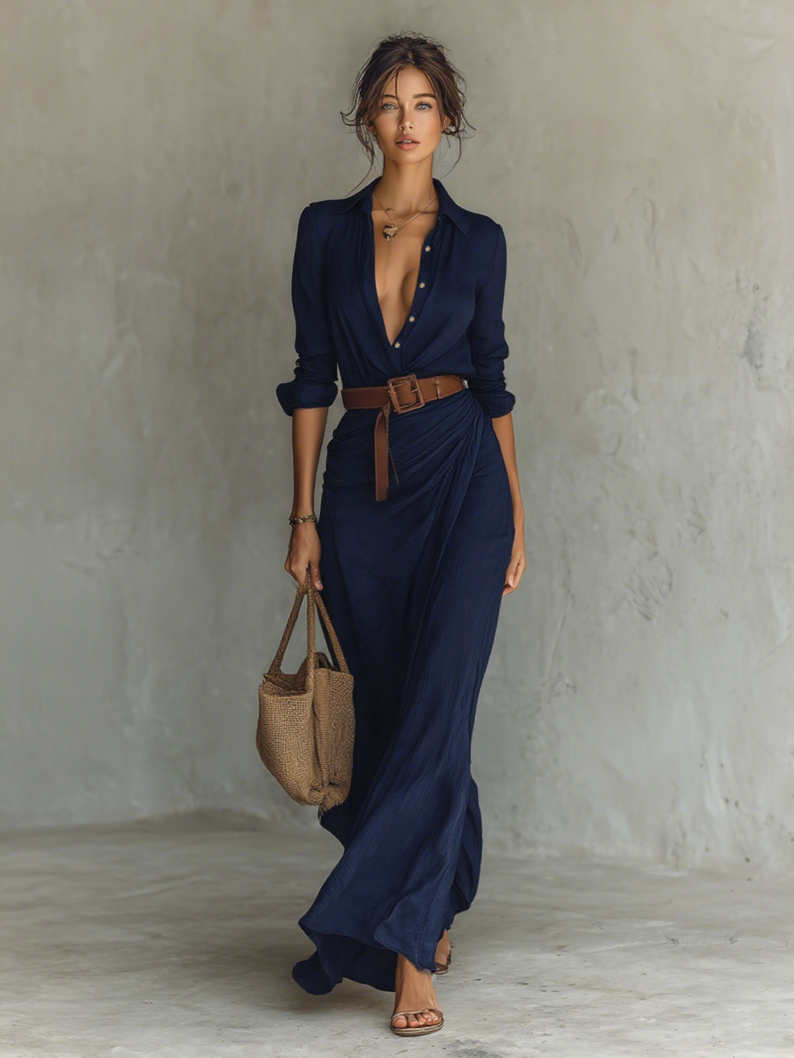 Women's Cotton Tencel Blend Maxi Dress, Long Sleeve Belted Lapel Dress for Work and Events
