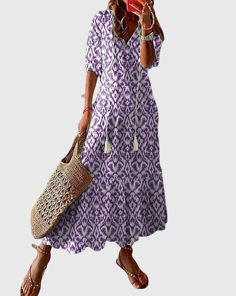 Amalia | Women's Bohemian V-Neck Maxi Dress, Lightweight Vintage Summer Dress