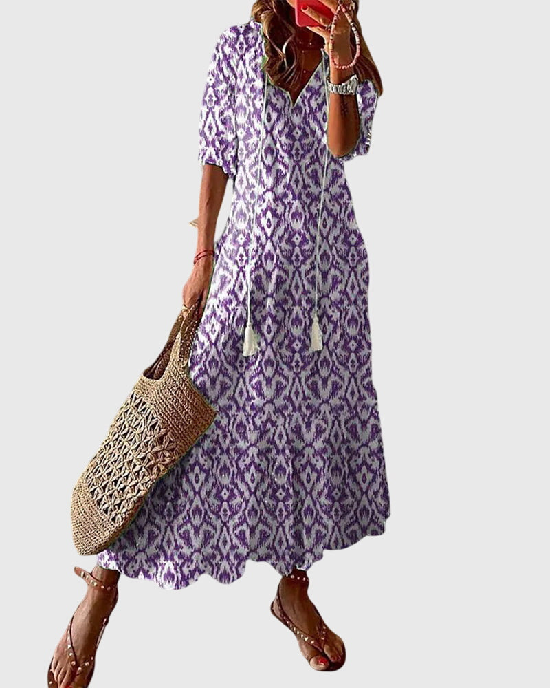 Amalia | Women's Boho Vintage Summer Dress, V-Neck Lightweight Dress for Hot Days