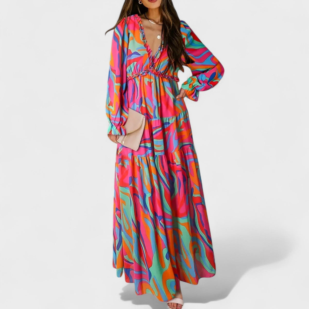 Zera | Women's Floral Tiered Maxi Dress, Long Sleeve V-Neck Dress for Warm Weather