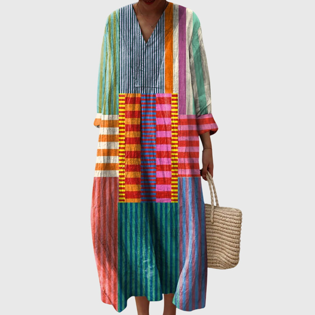 Stephanie | Women's Geometric Print Midi Dress, Fluid Relaxed Fit Day to Night Dress