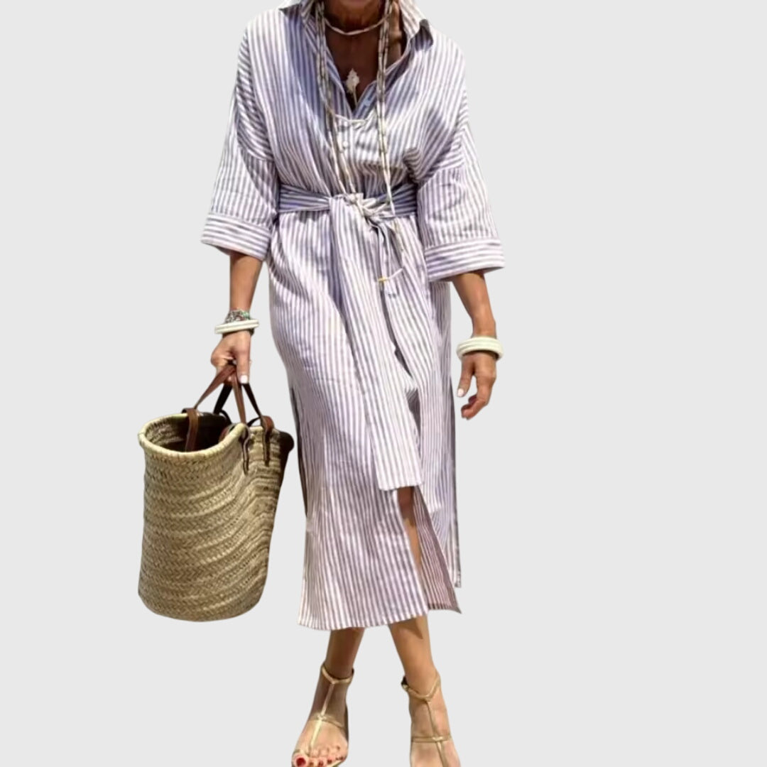 Ellen | Women's Classic Striped Midi Dress, Relaxed Fit Lightweight Day Dress