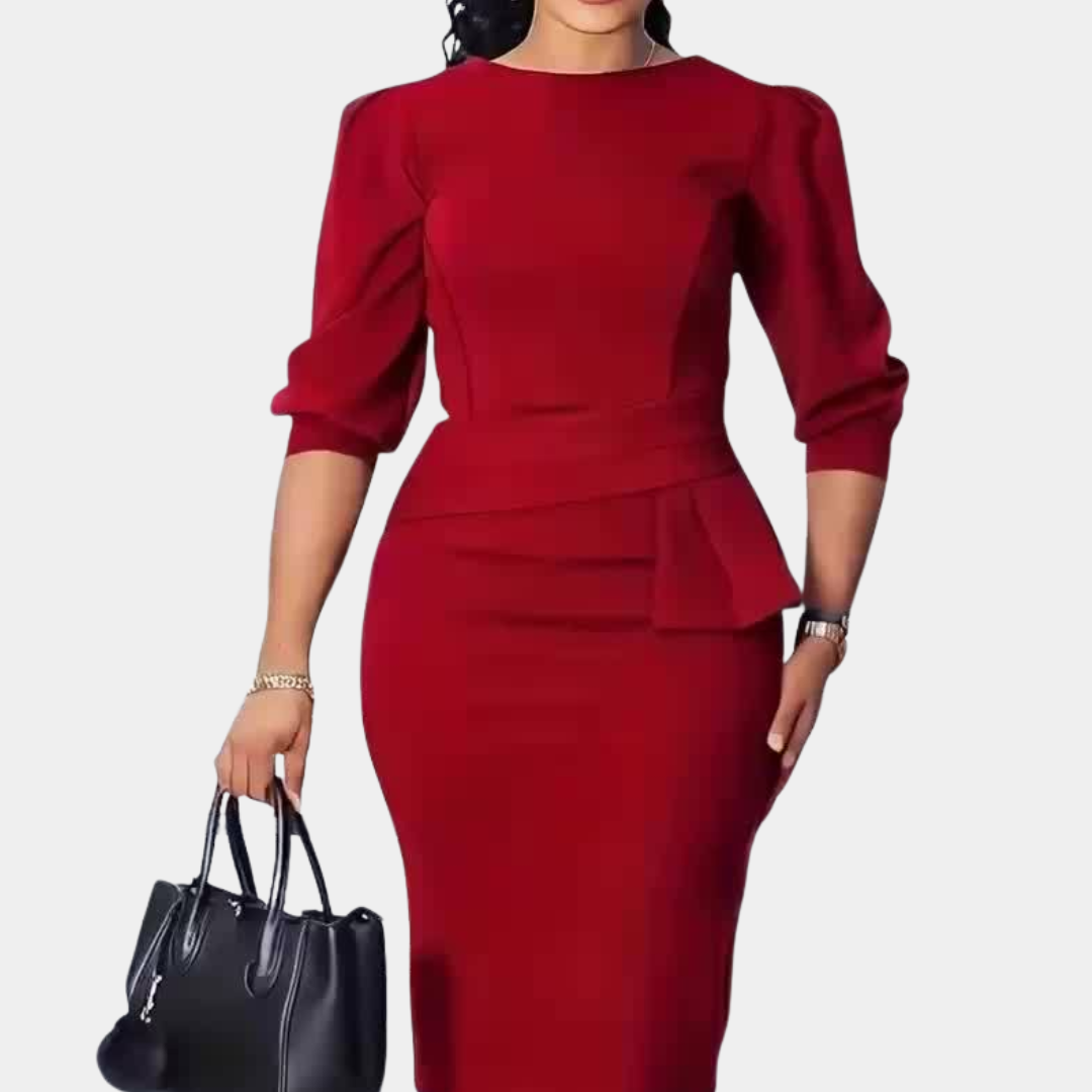 Claudine Bloom | Women's Ruffle Waist Midi Dress, Three-Quarter Sleeve Fall Dress