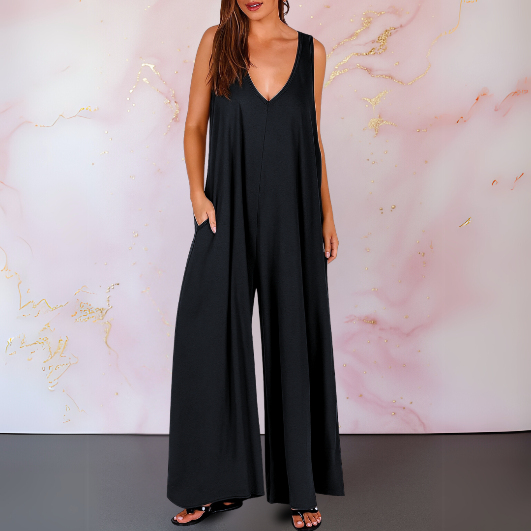 Nella | Women's Sleeveless V-Neck Jumpsuit, Relaxed Wide-Leg Casual Jumpsuit