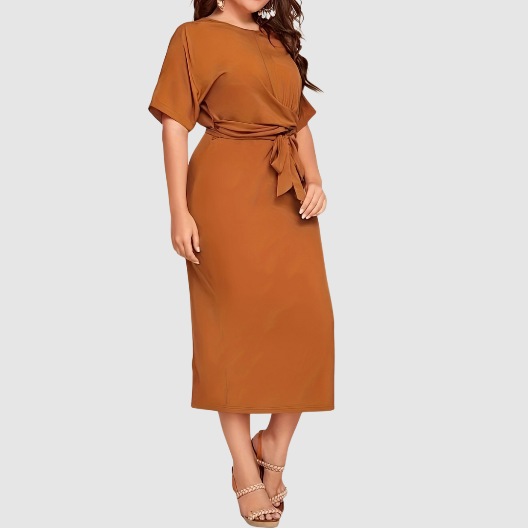 Margaux Lane | Women's Tie Waist Draped Midi Dress, Relaxed Sleeve Fall Dress