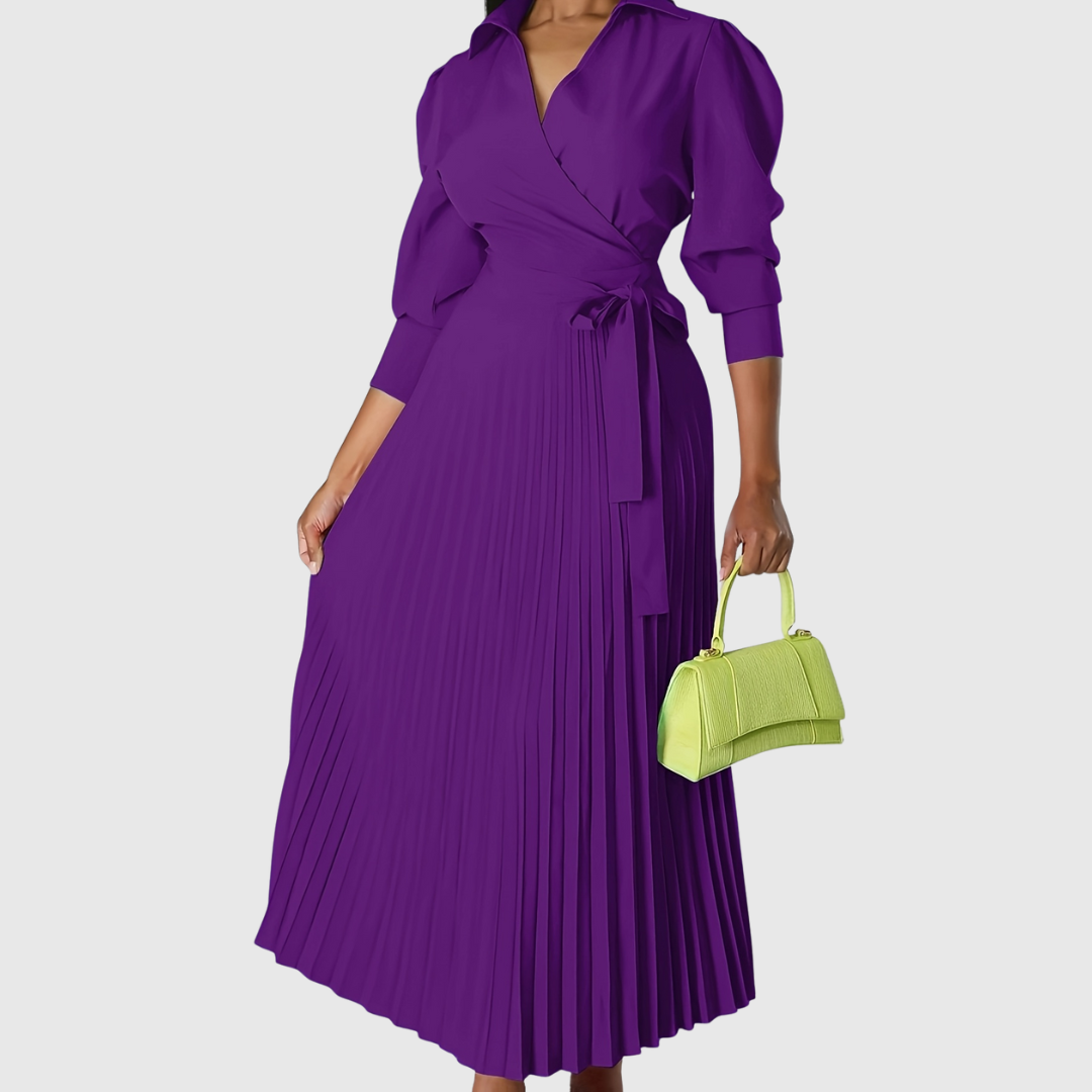 Evelina | Women's Pleated Wrap Midi Dress, Three-Quarter Sleeve Belted Dress
