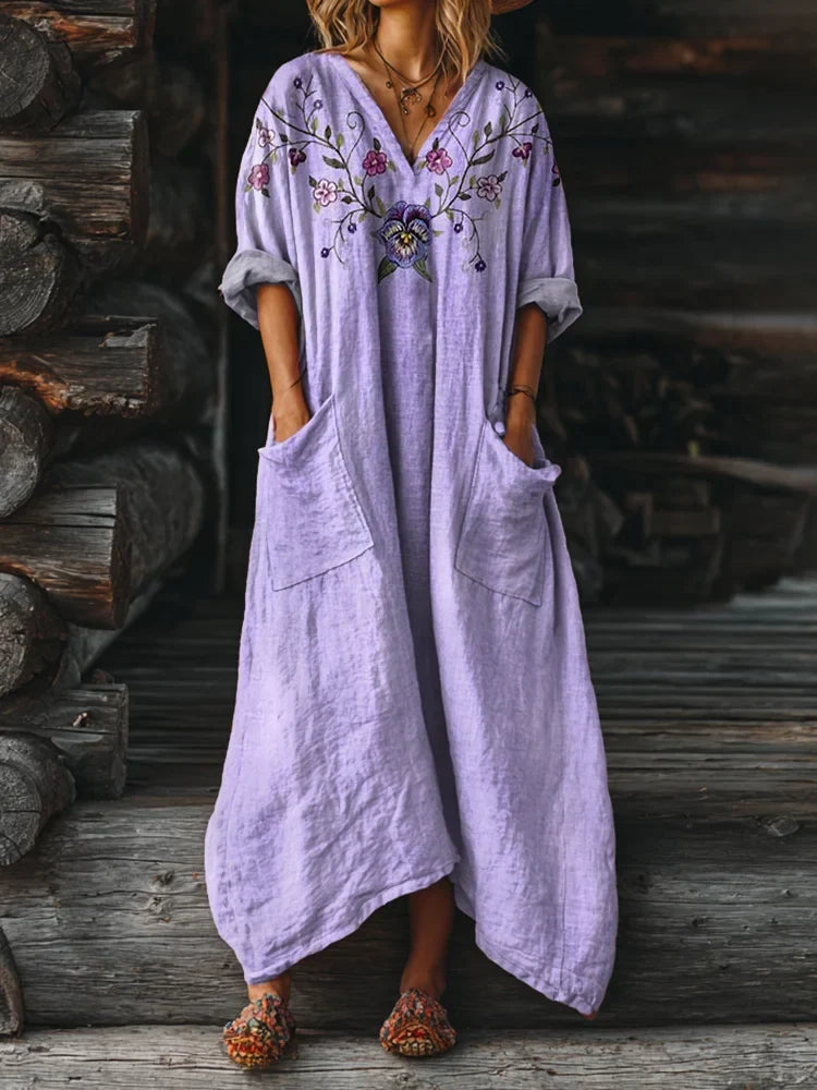 Ophira | Women's Vintage Boho Print Dress, V-Neck Relaxed Fit Dress with Pockets