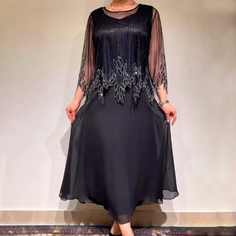 Women's Embellished Midi Dress, Sheer Sleeve Flowy Casual Dress