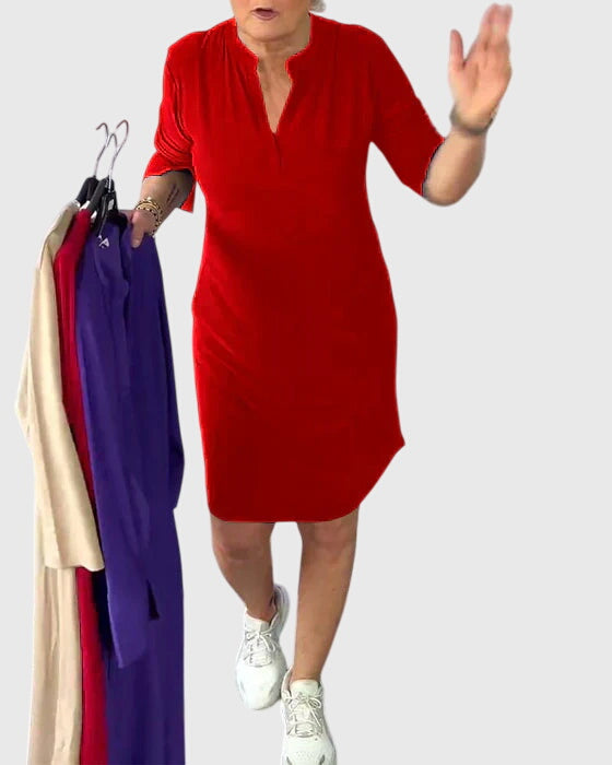 Katherine | Women's Solid V-Neck Mini Dress, Stretchy Everyday Work Dress
